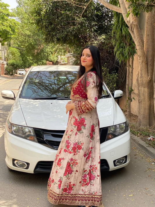 Anarkali-Style Floral Maxi 3PC Suit with Embroidered Jacket