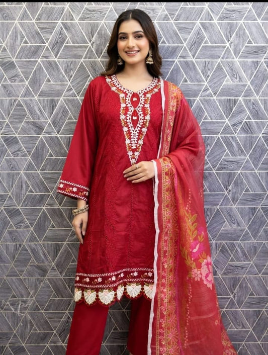 Chicken Lawn Cotton Embroidered 3 Piece Suit