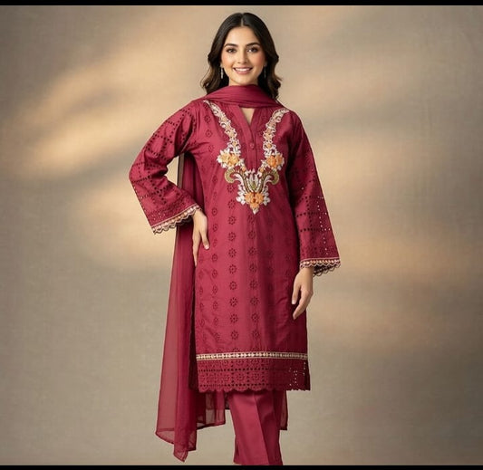 Lawn Cotton Chicken Embroidered 3 Piece Suit