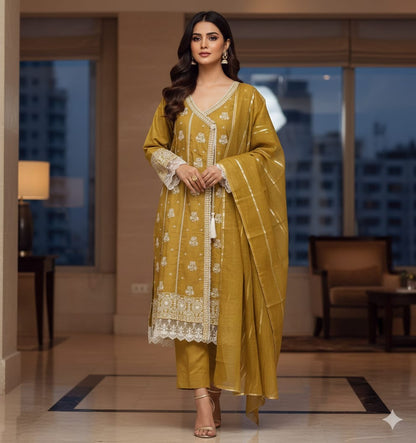Lawn Cotton Embroidered 3 Piece Frock Suit