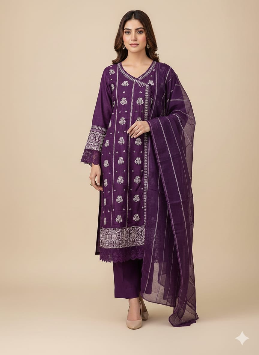 Lawn Cotton Embroidered 3 Piece Frock Suit