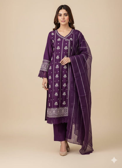 Lawn Cotton Embroidered 3 Piece Frock Suit