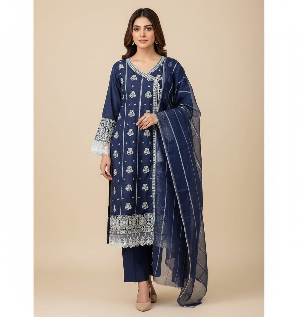 Lawn Cotton Embroidered 3 Piece Frock Suit