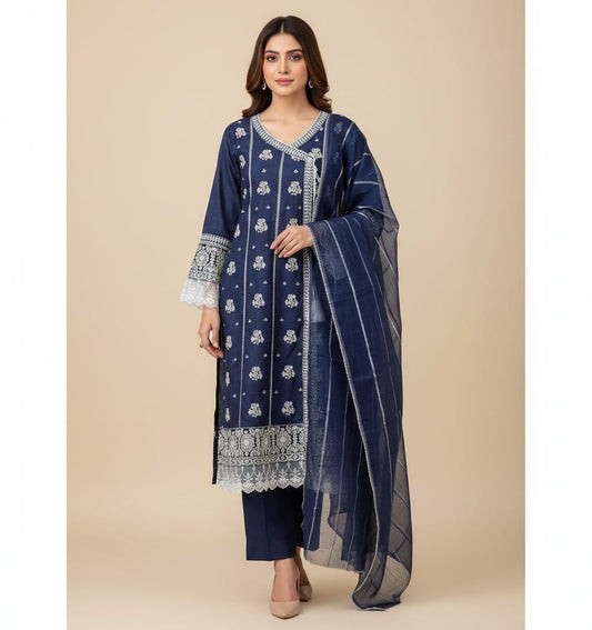 Lawn Cotton Embroidered 3 Piece Frock Suit