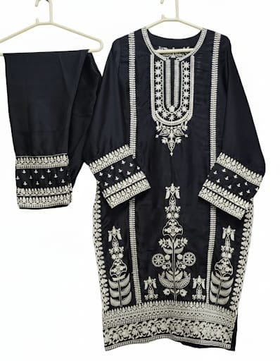 Korean Silk Front  Back Embroidered 2 Piece Suit