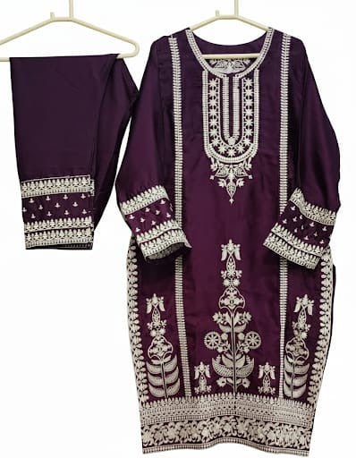 Korean Silk Front  Back Embroidered 2 Piece Suit