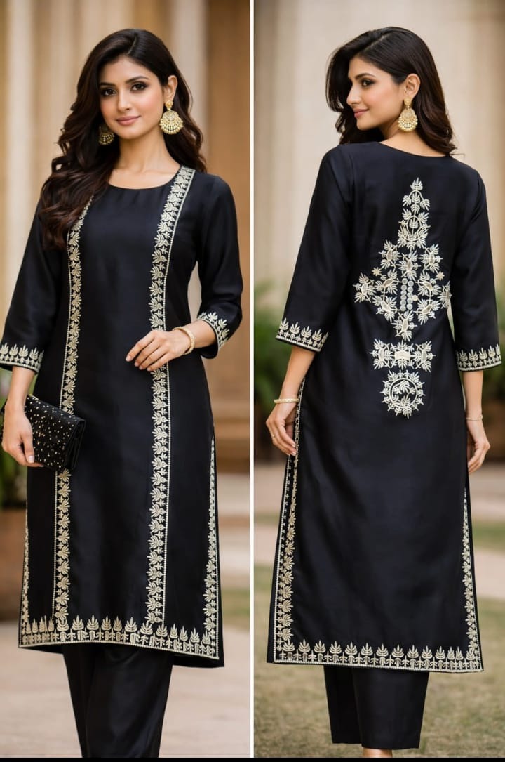 Korean Silk Front & Back Embroidered 2 Piece Suit