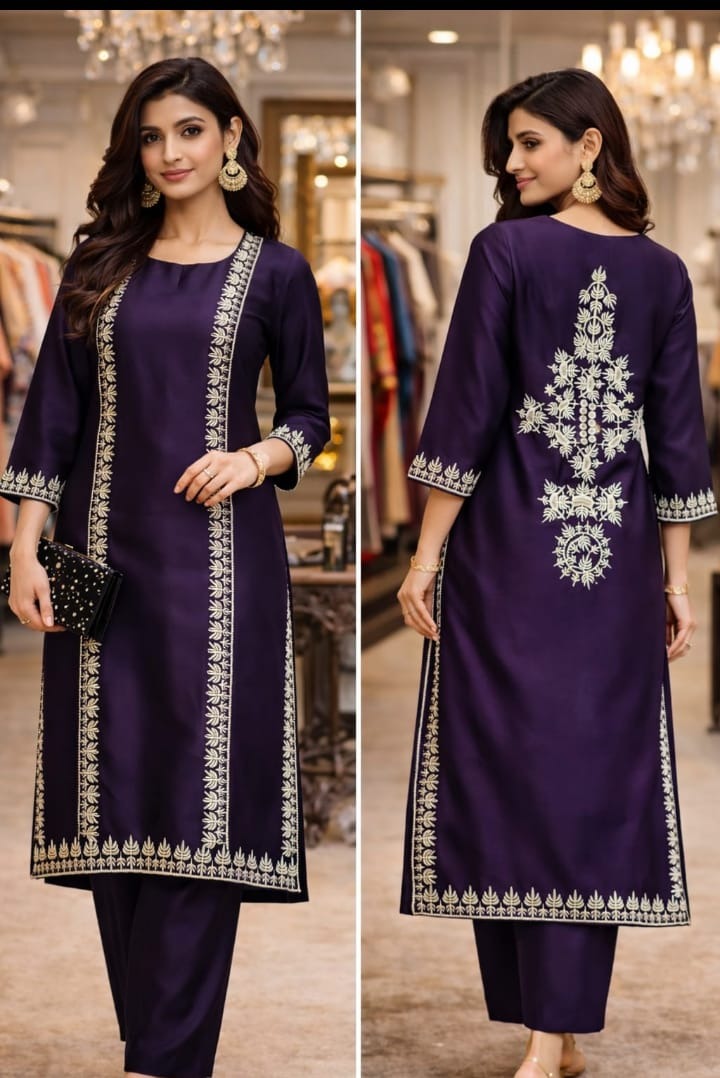 Korean Silk Front & Back Embroidered 2 Piece Suit