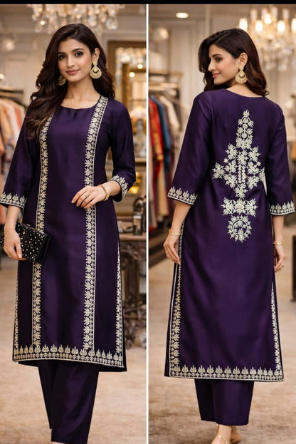 Korean Silk Front & Back Embroidered 2 Piece Suit