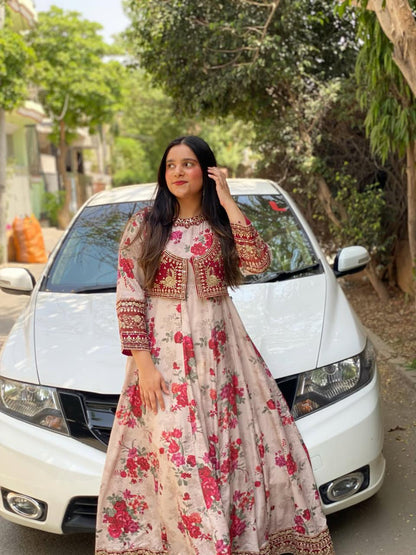 Anarkali-Style Floral Maxi 3PC Suit with Embroidered Jacket