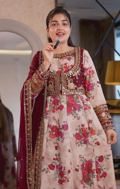 Anarkali-Style Floral Maxi 3PC Suit with Embroidered Jacket